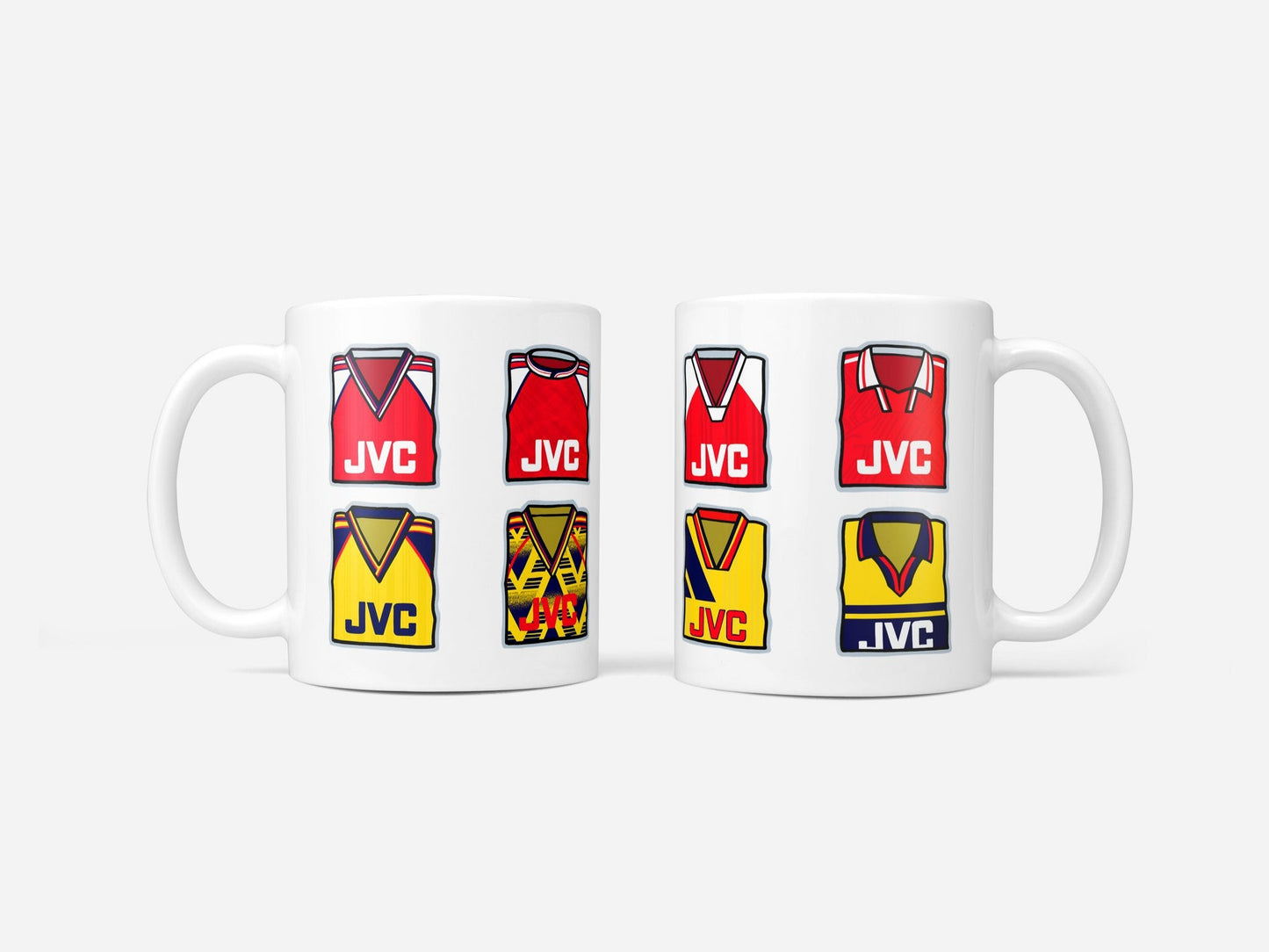 White ceramic mug featuring illustrated Arsenal JVC-era home and away football shirts in a retro grid design