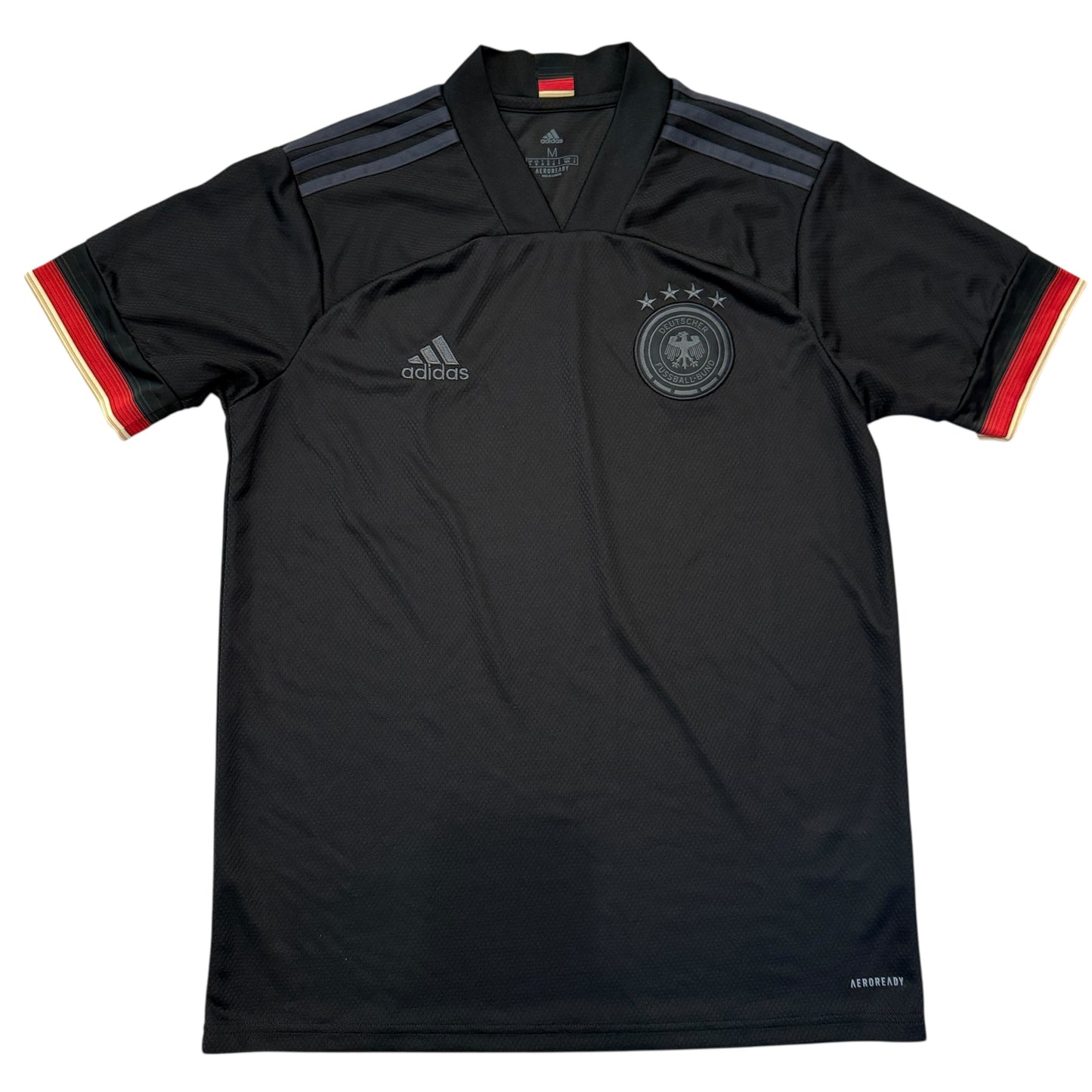 Black sports jersey with Adidas logo and German emblem. The Germany 2020 Away Shirt