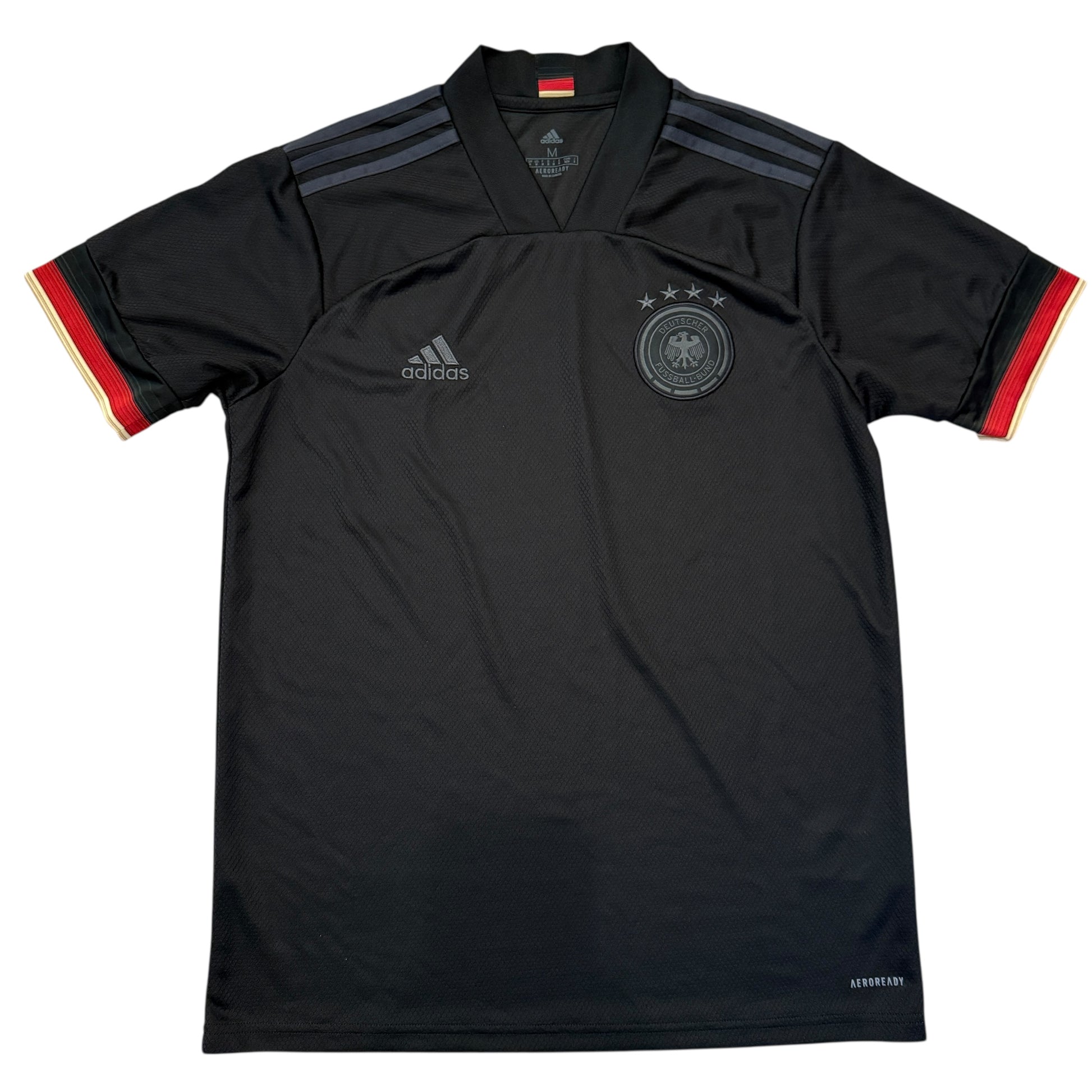 Black sports jersey with Adidas logo and German emblem. The Germany 2020 Away Shirt
