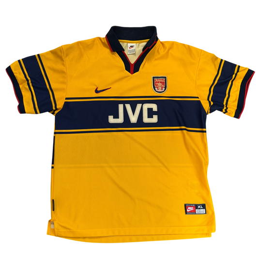 Yellow sports jersey with navy accents and white JVC sponsor - The Arsenal 1998/1999 seaon away shirt