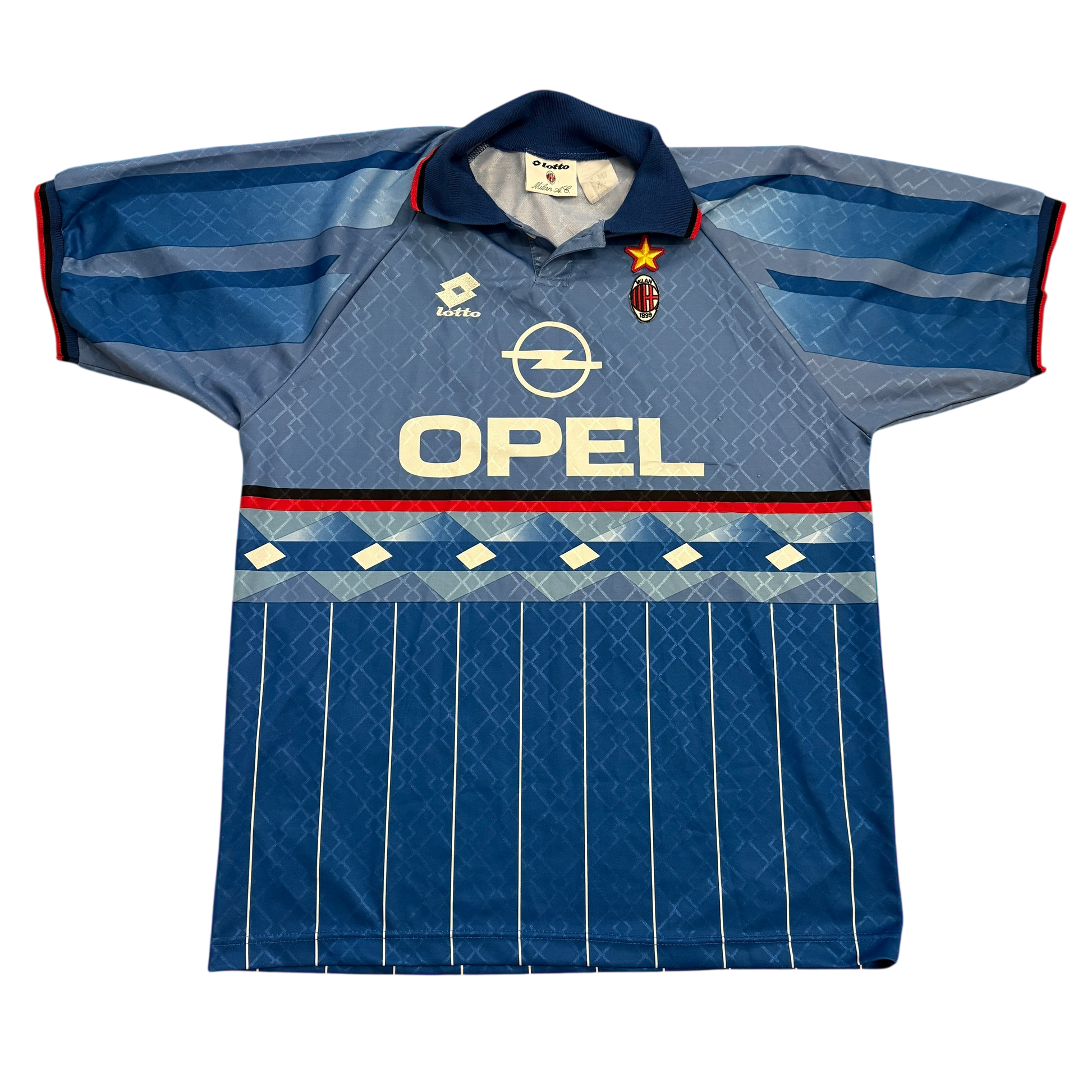 AC Milan 1995/1996 Fourth Shirt - Front a blue shirt with white Opel sponsor