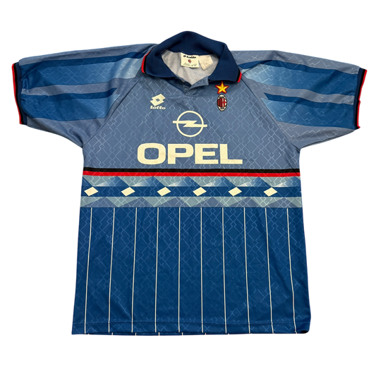 AC Milan 1995/1996 Fourth Shirt - Front a blue shirt with white Opel sponsor