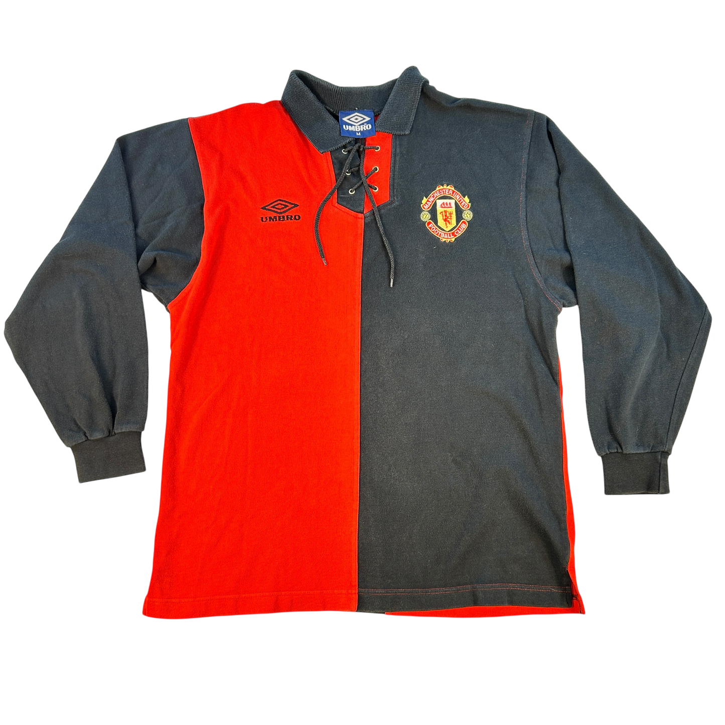 Vintage Manchester United 1994/1995 Umbro Drill Top front -a half red half black drill top