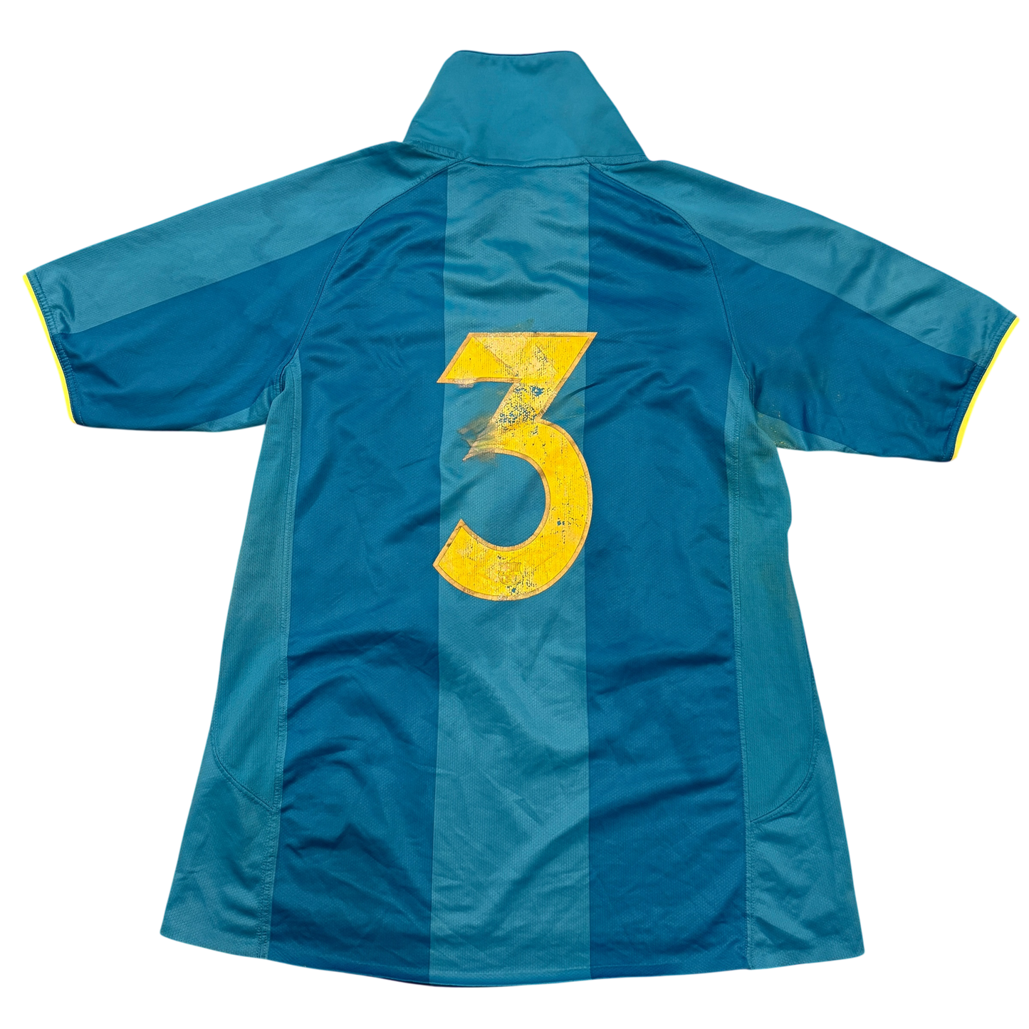 Blue sports jersey back with yellow number 3 on a white background