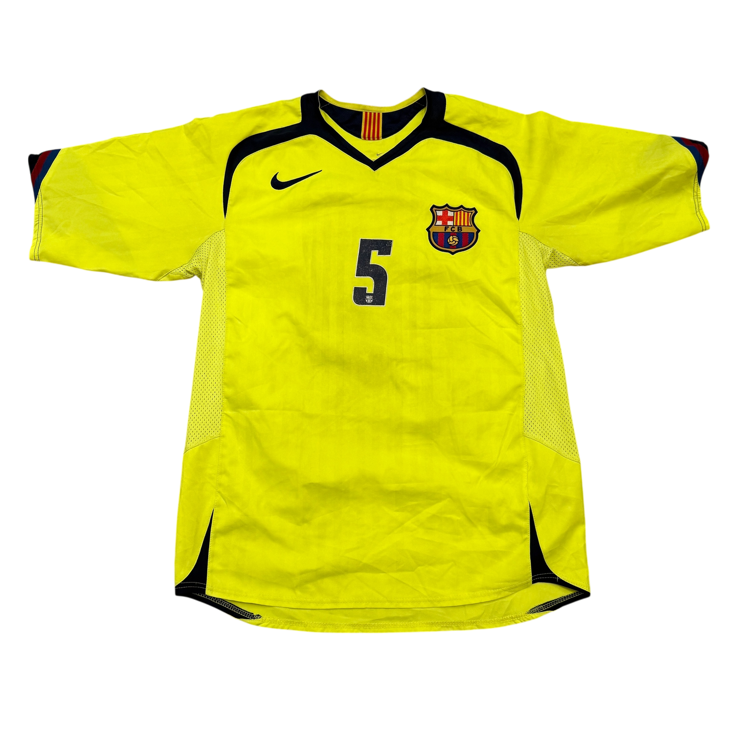Yellow soccer jersey with number 5 and Barcelona logo - the Barcelona 2005-2006 Away Shirt