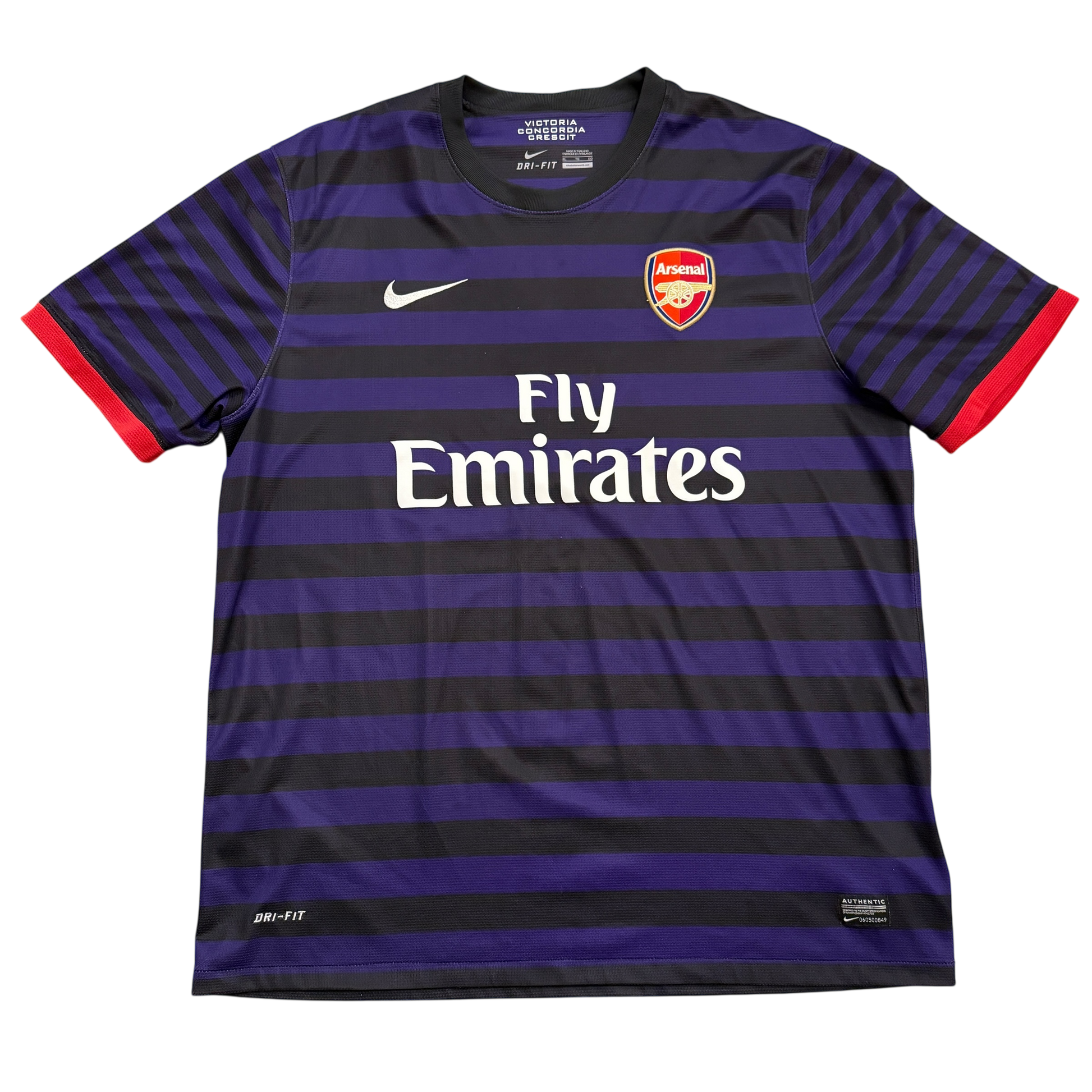 Arsenal 2012/2013 Away Shirt Front a purple and black striped shirt