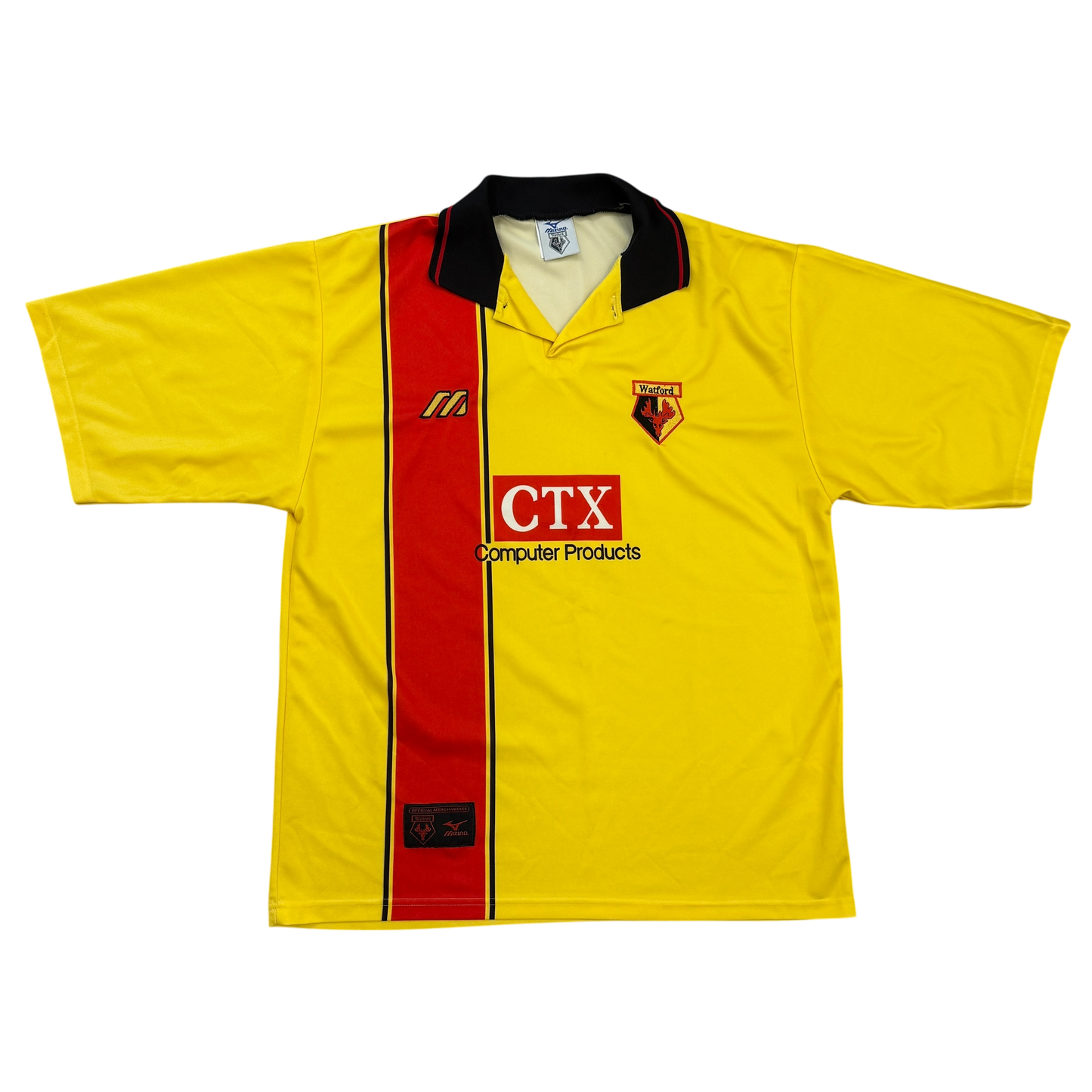 Yellow sports jersey with red stripe and 'CTX' logo.. The Watford 1997/1998 Home Shirt