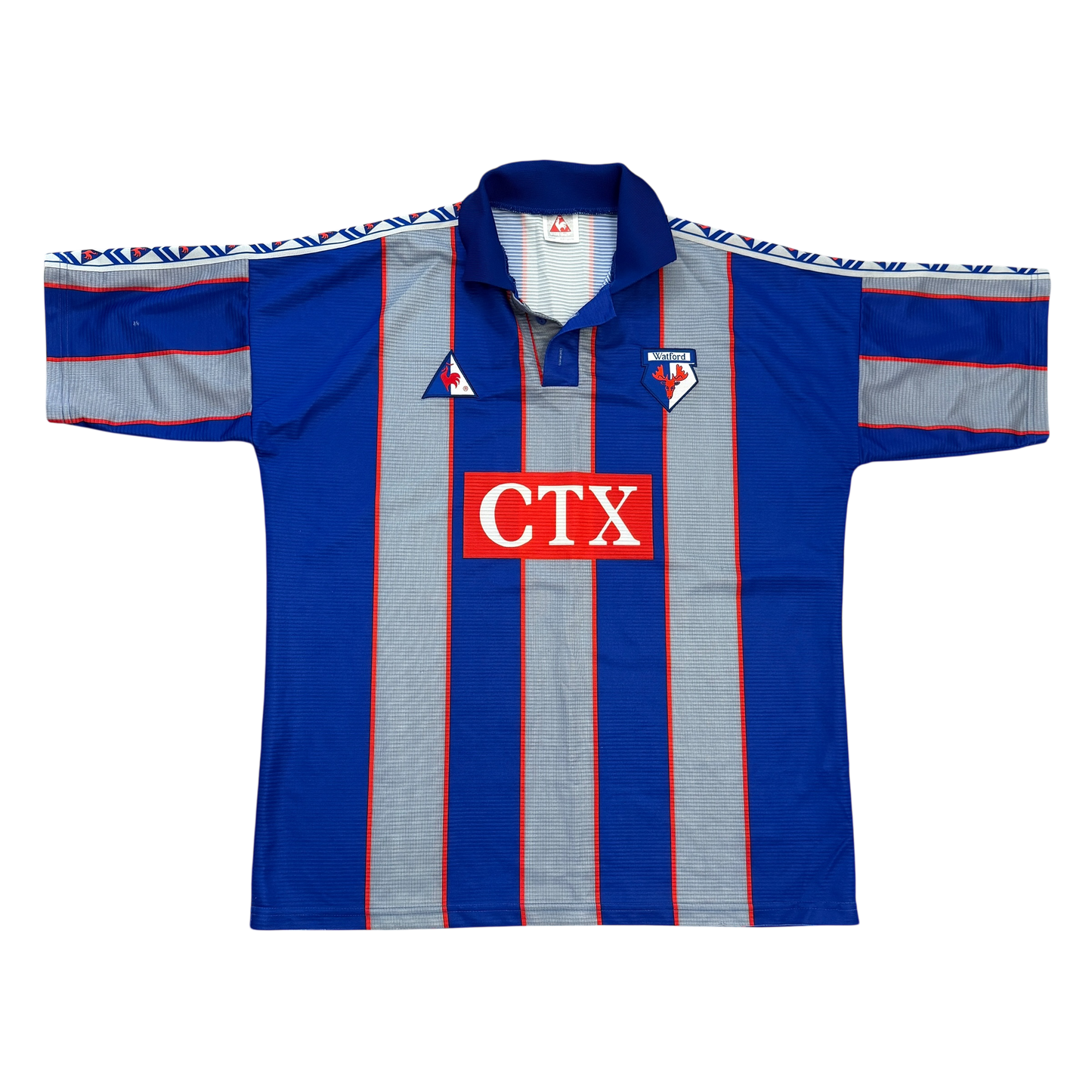 Blue and gray striped shirt with red and white 'CTX' logo. The Watford 1998/1999 Away Shirt front