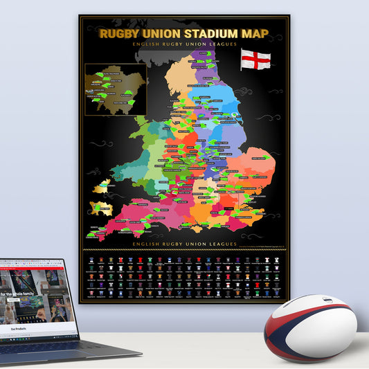 Map of English Rugby Union Leagues on a wall with a laptop and rugby ball on a table.