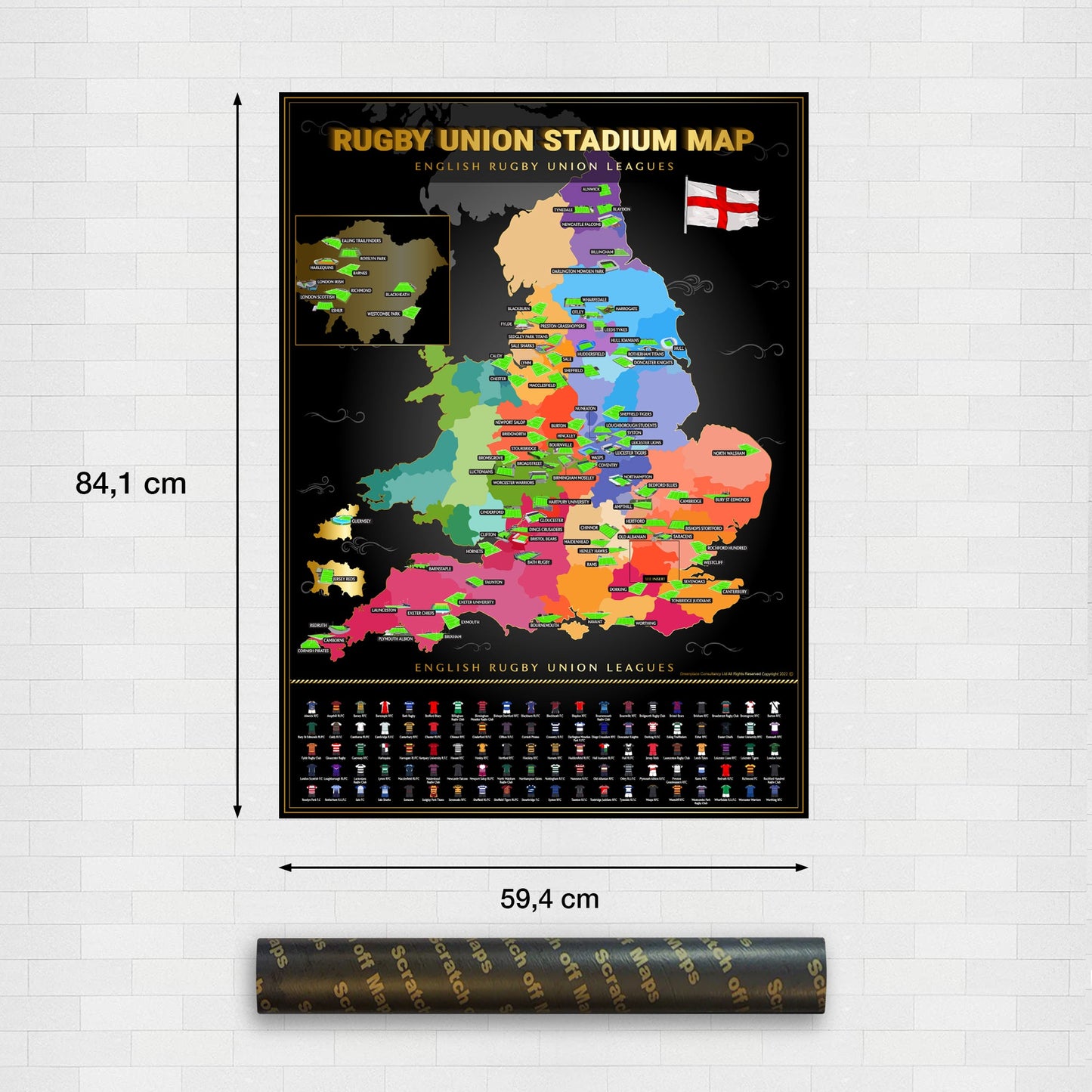 Map of English Rugby Union Leagues on a black background with dimensions displayed.