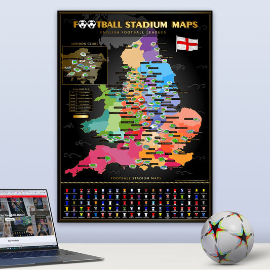Scratch map of English football stadiums with a laptop and soccer ball on a light blue background