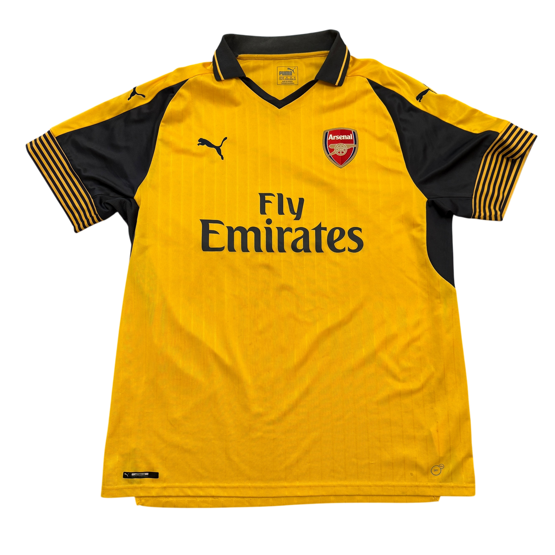 Arsenal 2016/2017 Away Shirt front - a yeloow Puma shirt with grey trim and detailing