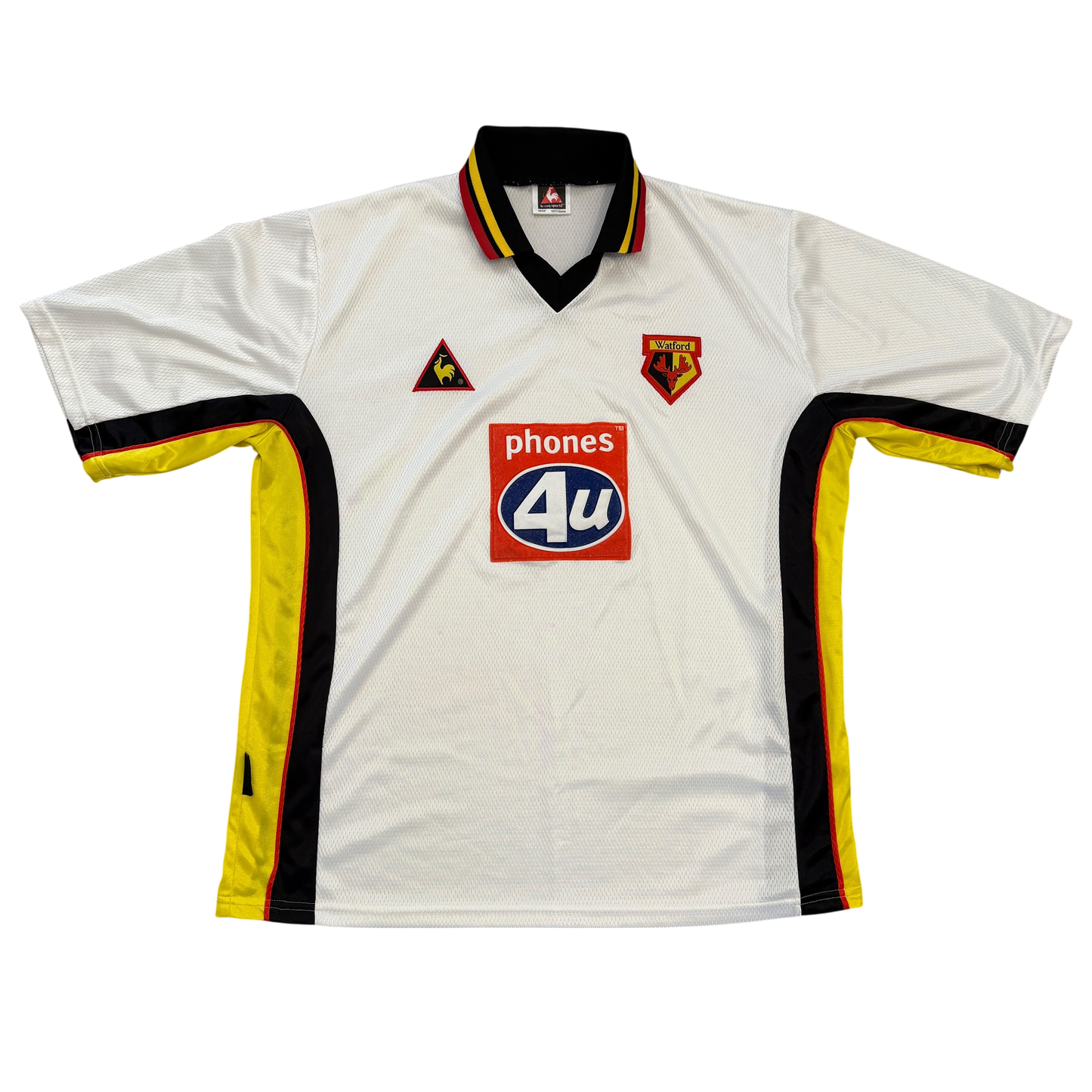 White sports jersey with red and yellow accents and visible branding on a white background. Watford 1999/2000/2001 Away Shirt front with red and blue Phones 4U sponsor
