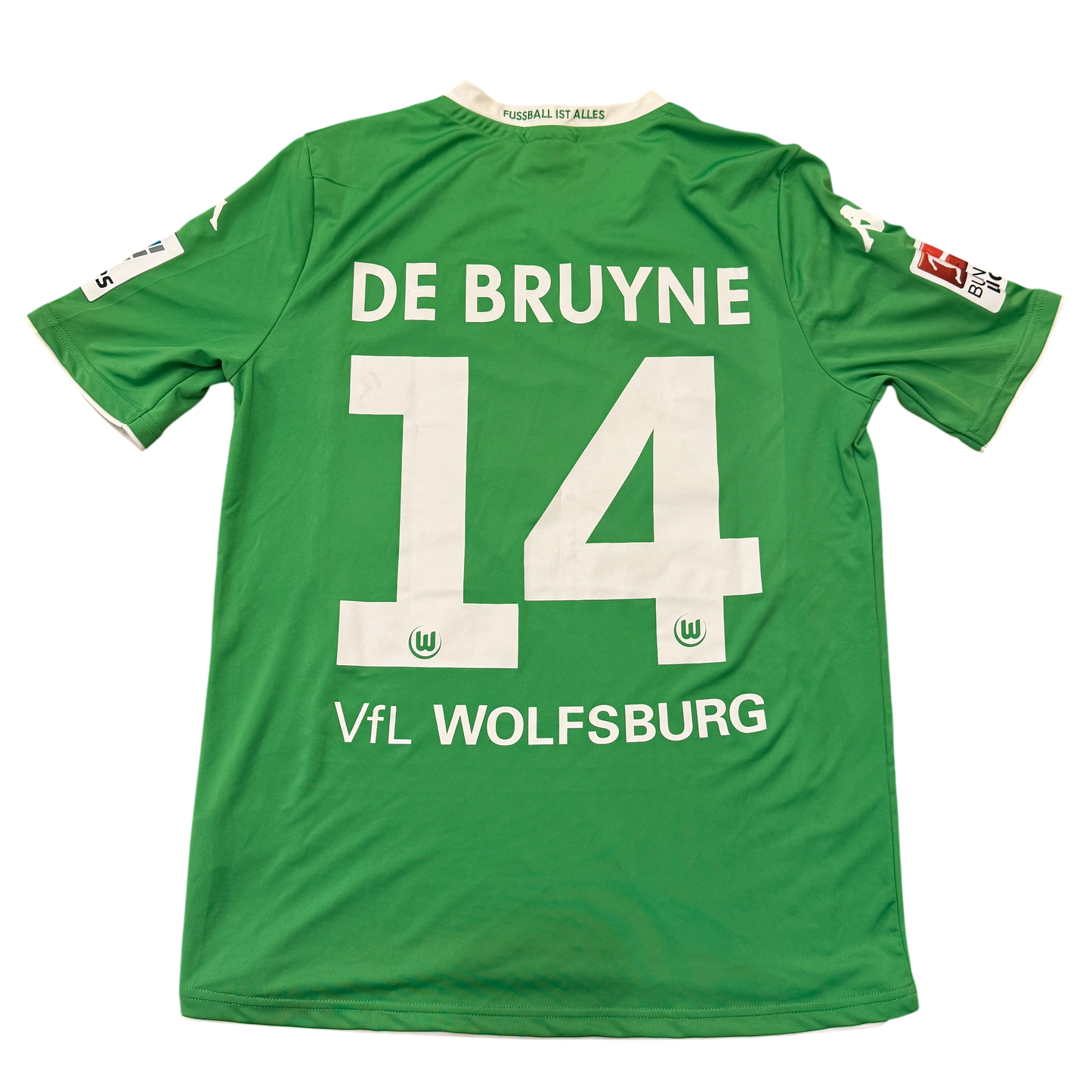 Green sports jersey with 'De Bruyne 14' and 'VfL Wolfsburg' text on a white background - Wolfsburg 2014/2015 Match Issued Home Shirt