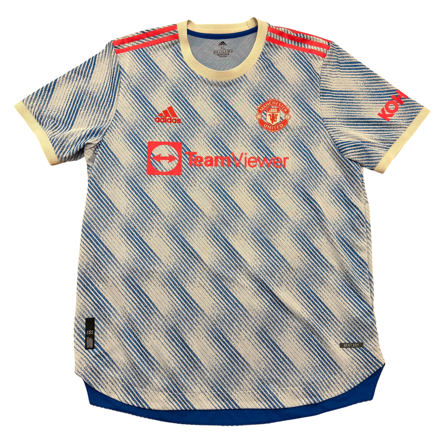 Soccer jersey with Adidas and TeamViewer logos on a white background. The Heat.rdy version of the Manchester United 2021/2022 away shirt