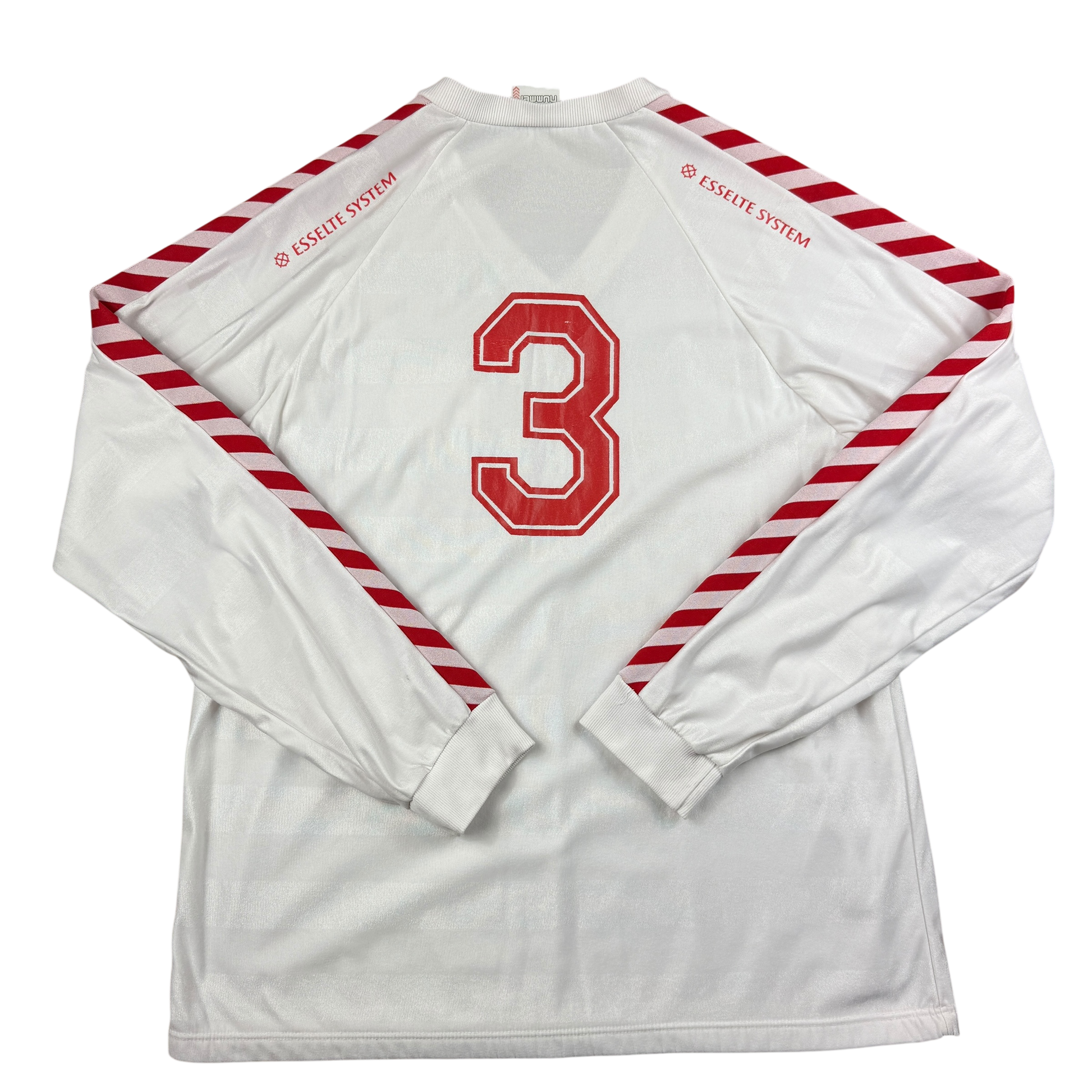 White sports jersey with red number 3 and striped sleeves on a white background