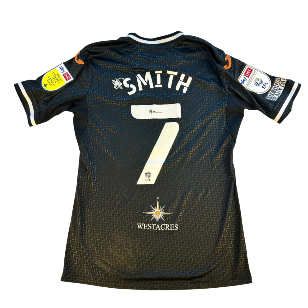 Black sports jersey with 'Smith' and number '7' on a white background. Swansea City 2021/2022 Match Worn Away Shirt - Smith 7