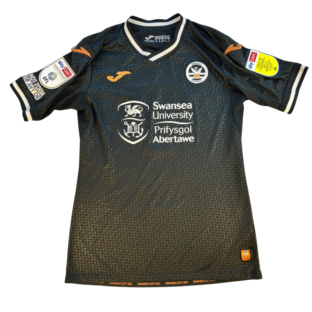 Swansea City 2021/2022 Match Worn Away Shirt - front. A Black sports jersey with Swansea University logo on a white background