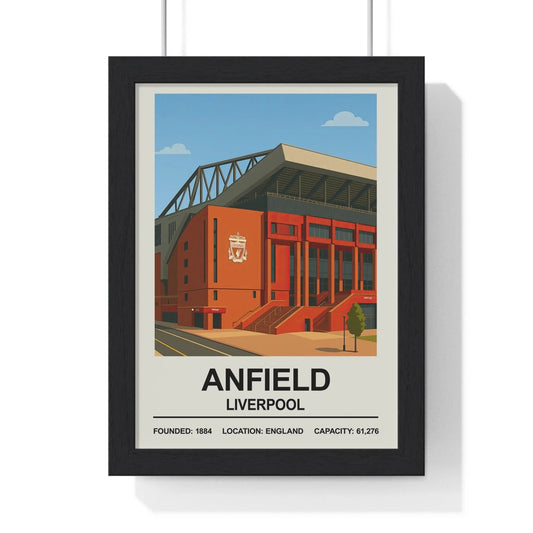 Framed poster of Anfield Stadium in Liverpool on a white background