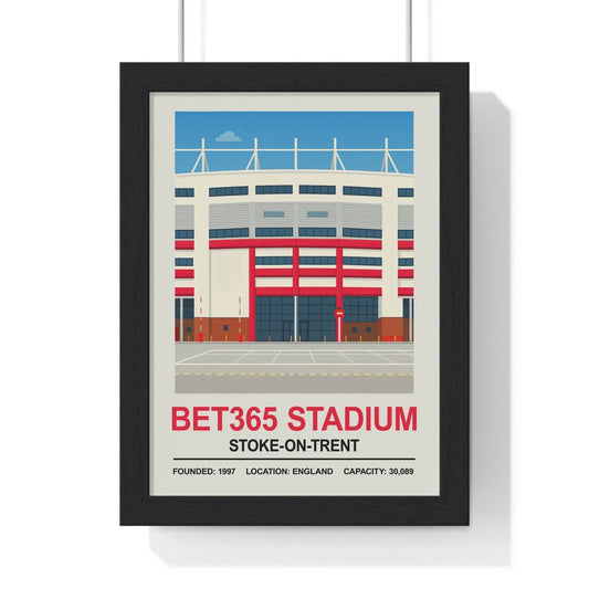 Framed poster of Bet365 Stadium with red and blue colors on a white background