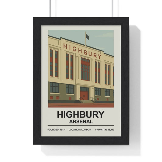 Framed poster of Highbury Arsenal with building illustration and text.