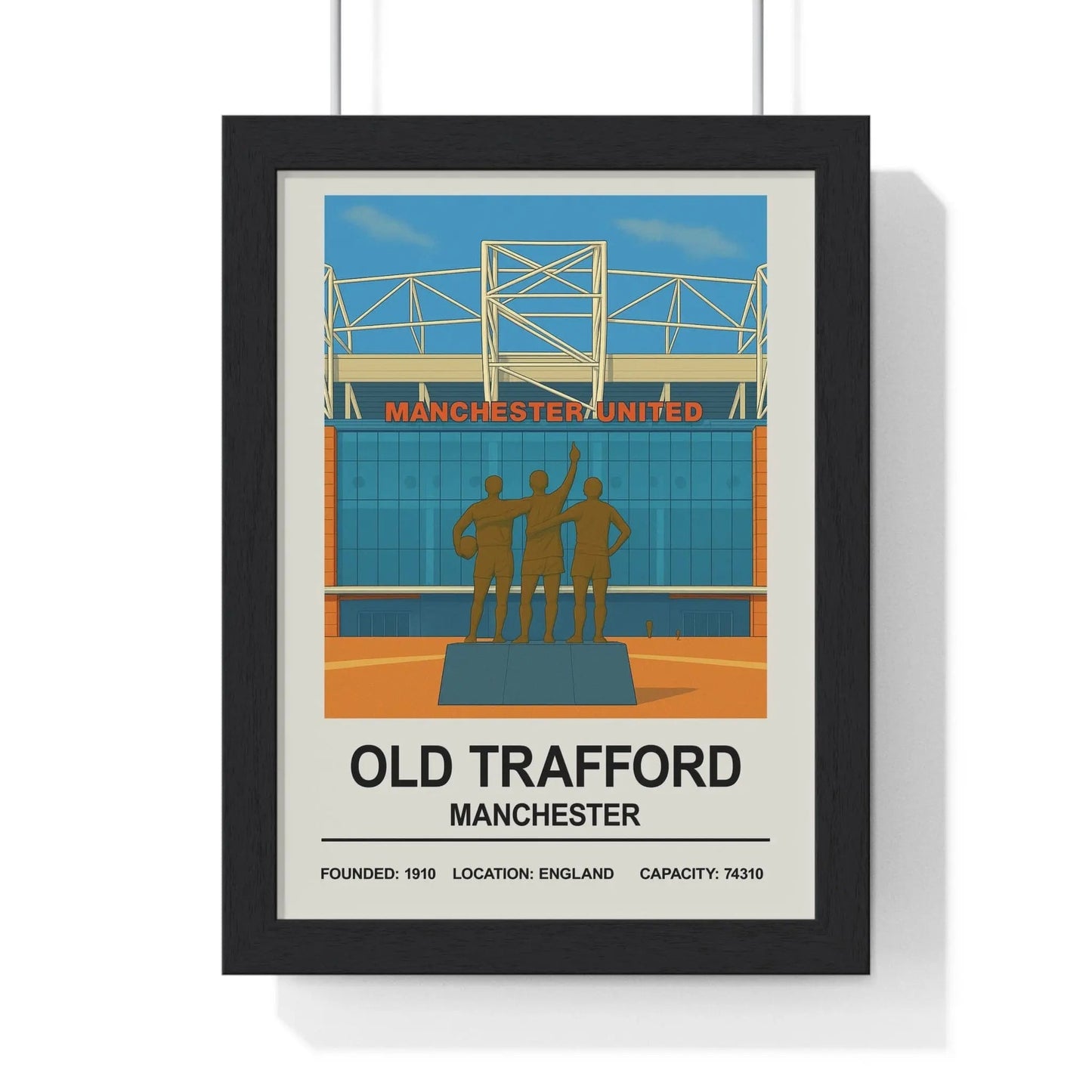 Framed poster of Old Trafford stadium with Manchester United text