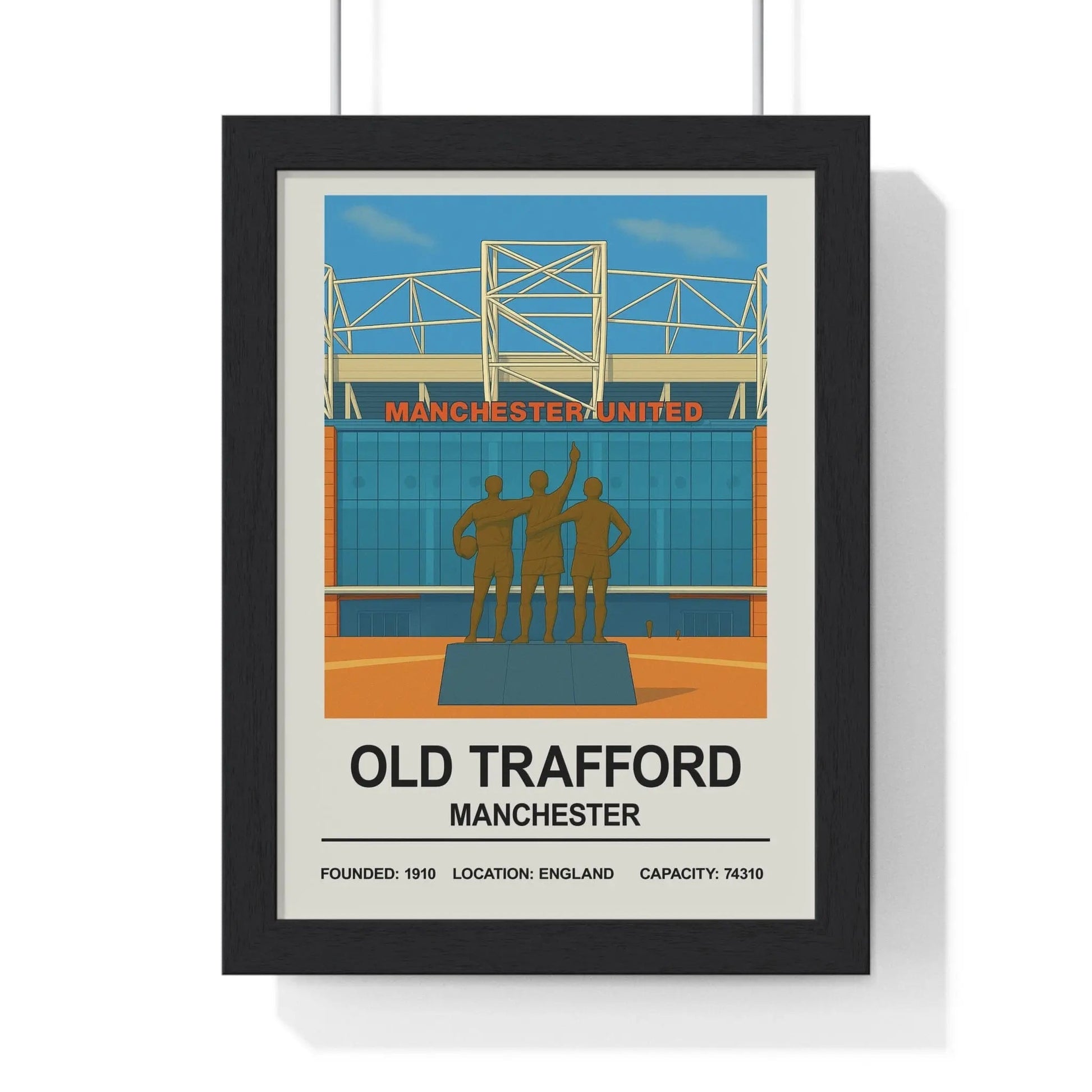 Framed poster of Old Trafford stadium with Manchester United text