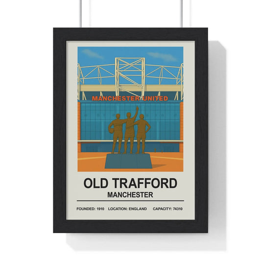 Framed poster of Old Trafford stadium with Manchester United text