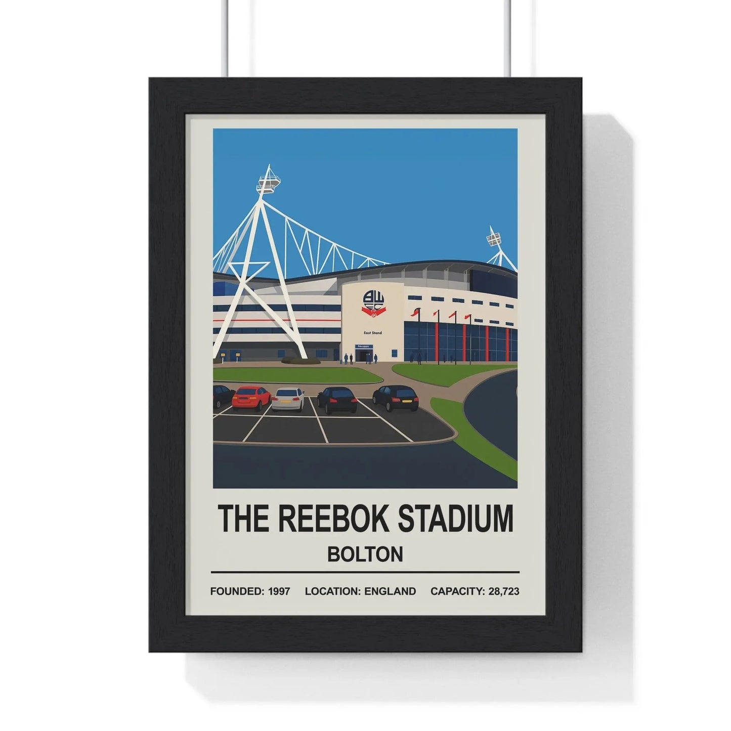 Framed poster of The Reebok Stadium in Bolton with a black frame.