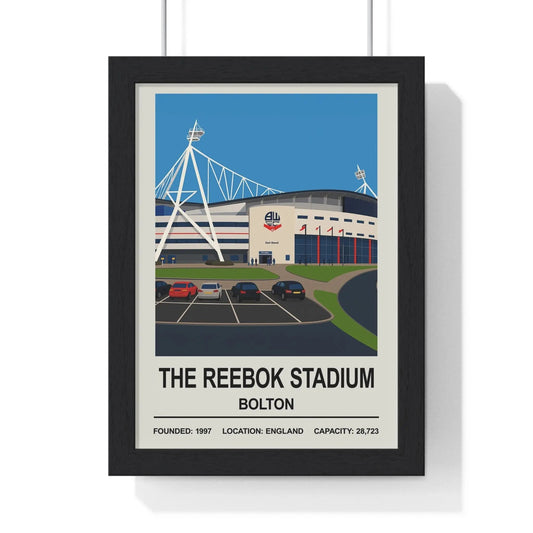Framed poster of The Reebok Stadium in Bolton with a black frame.