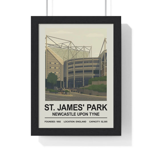 Framed poster of St. James' Park stadium with text details.