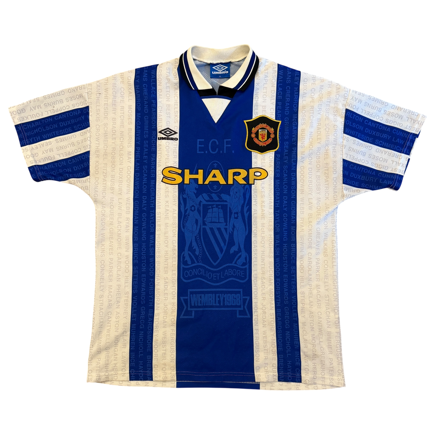 Vintage sports jersey with blue and white stripes, featuring logos and text on a white background. Yellow SHARP sponsor