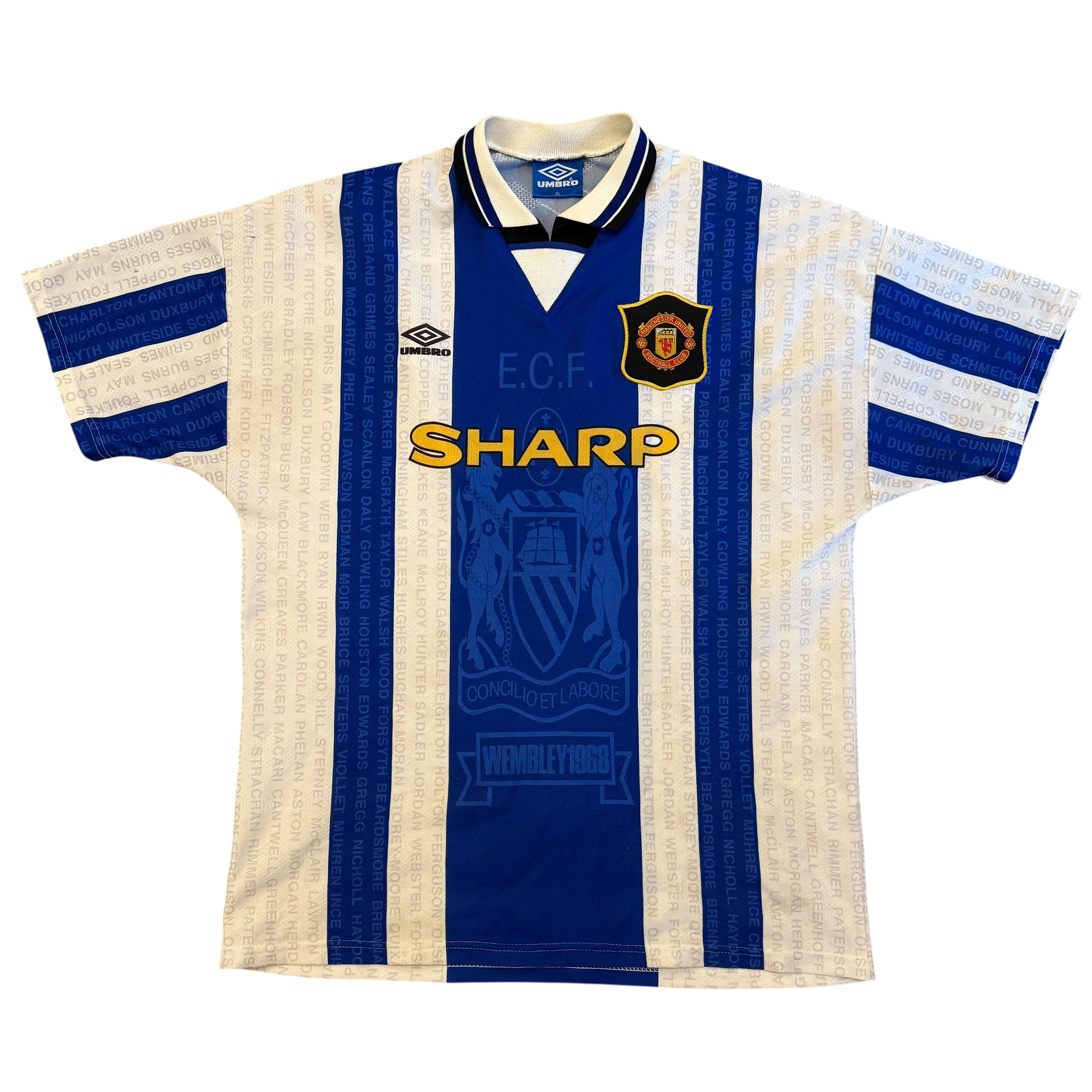 Vintage sports jersey with blue and white stripes, featuring logos and text on a white background. Yellow SHARP sponsor