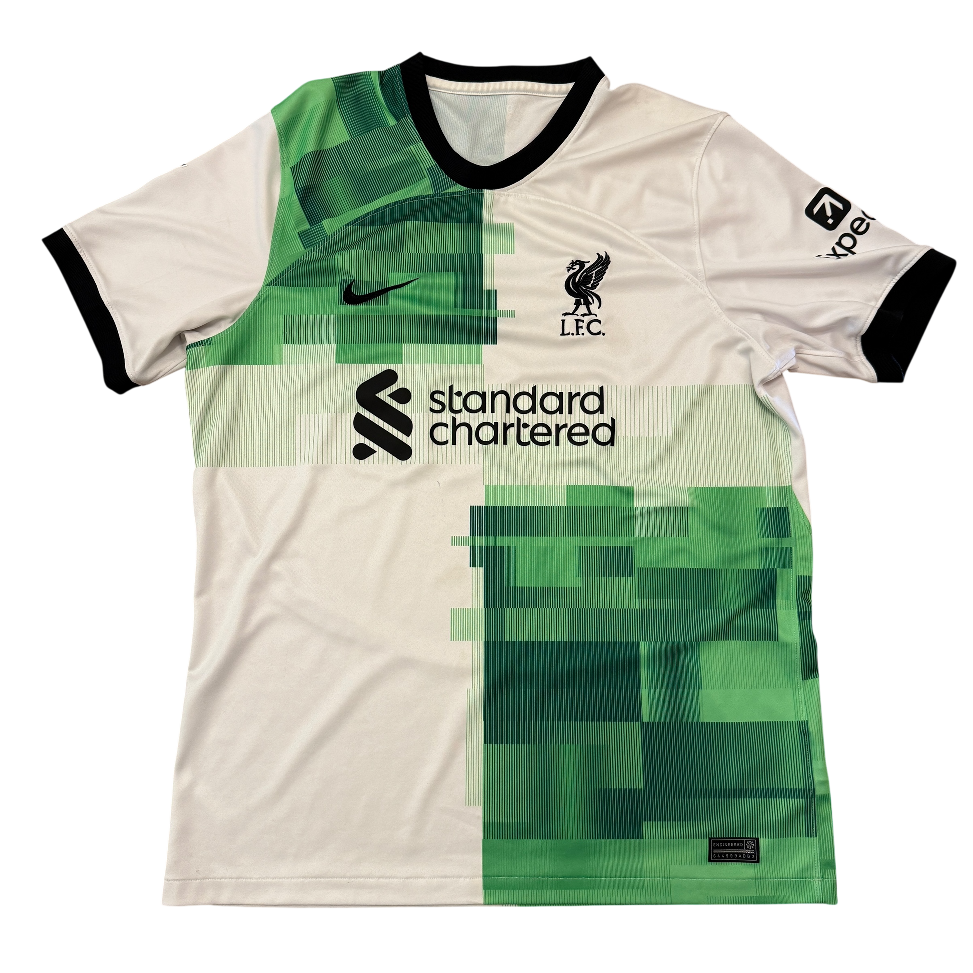 Soccer jersey with green and white design, featuring logos and text on a white background - Liverpool 2023/2024 Away Shirt