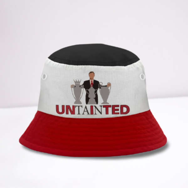 Bucket hat with 'UNTAIN TED' text and graphic on a white background