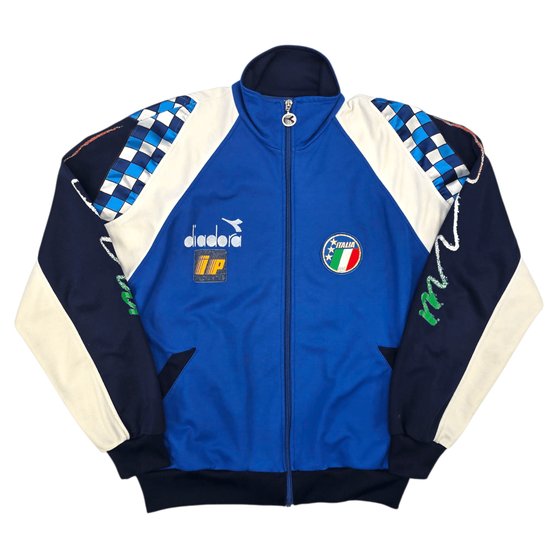 Blue and navy Italy 1990 football  jacket with checkered patterns and logos on a white background