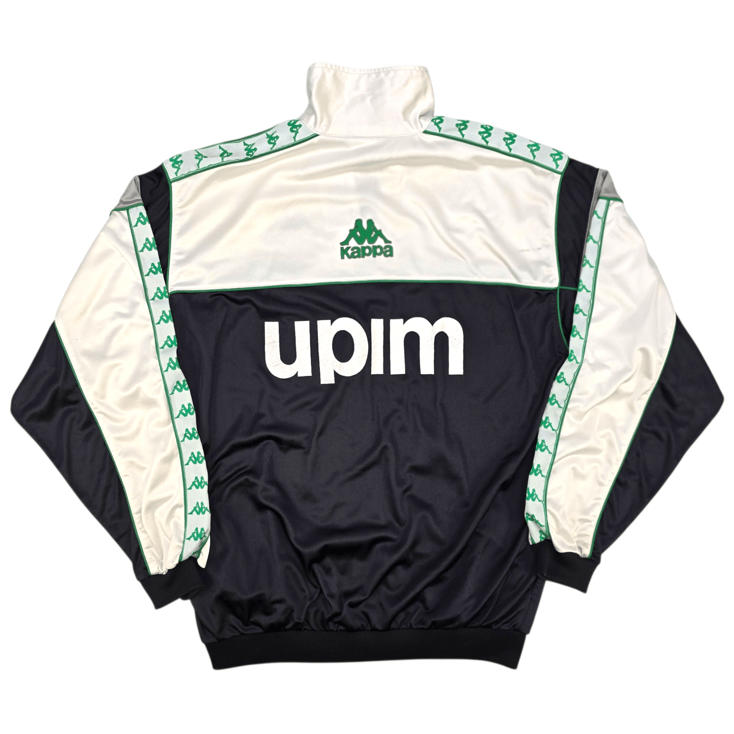 Black and white back of  jacket with 'Kappa' and 'upim' logos on a white background