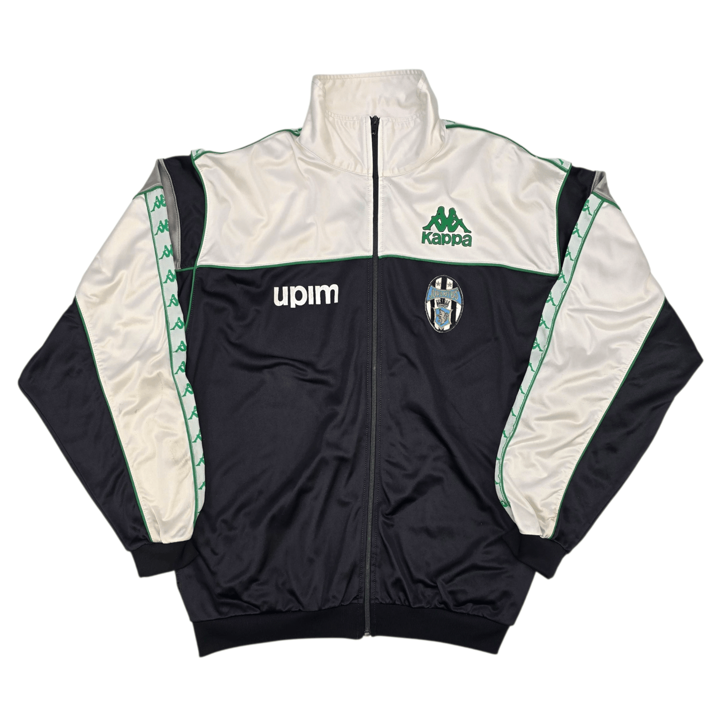 Black and white Juventus 1990 jacket with Kappa and UPIIM logos on a white background