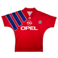 Red 1992/93 Bayern Munich Home Football jersey with blue stripes and Opel logo on a white background