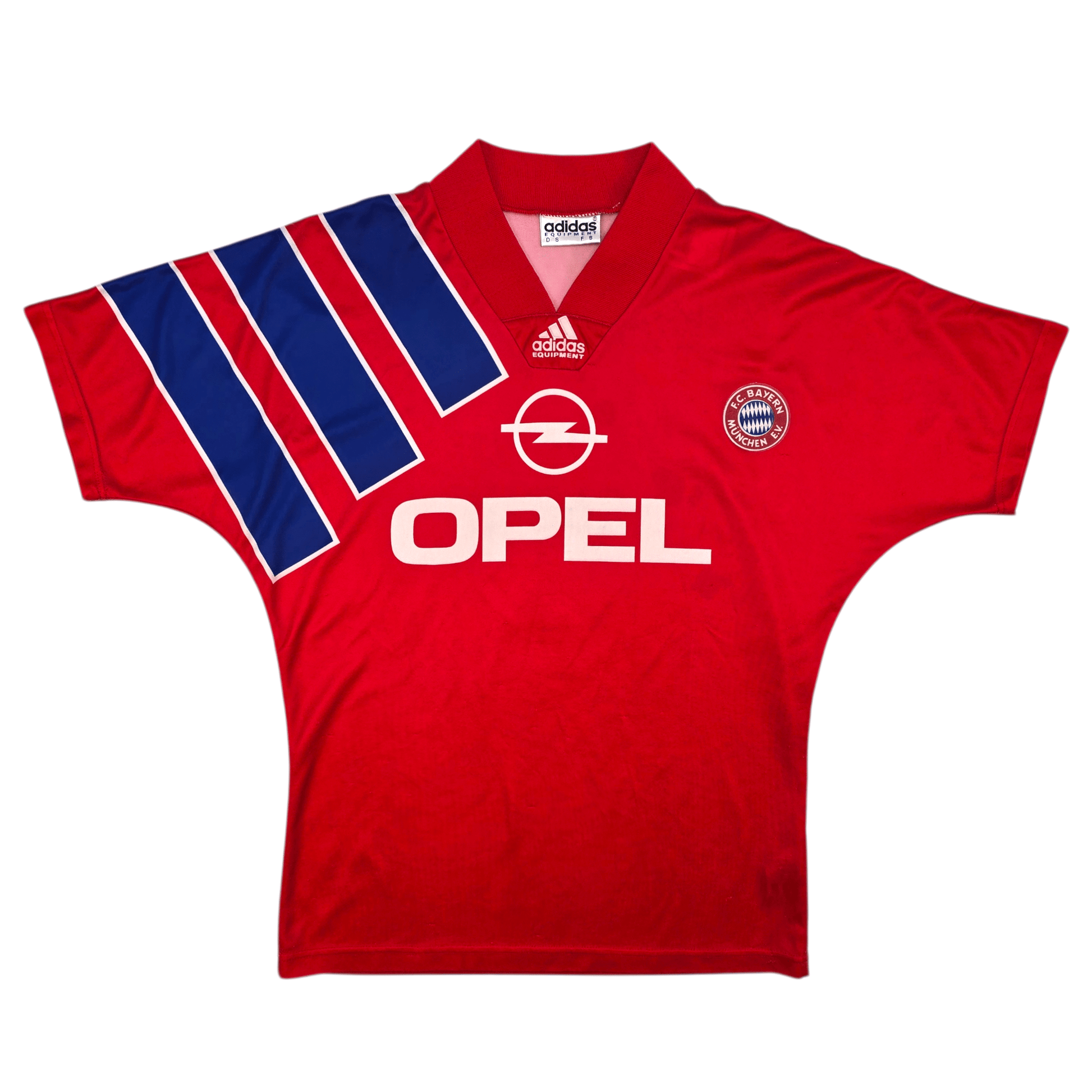 Red 1992/93 Bayern Munich Home Football jersey with blue stripes and Opel logo on a white background
