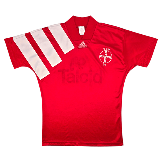 Red sports jersey with Adidas logo and TSV Bayer 04 logo on a white background