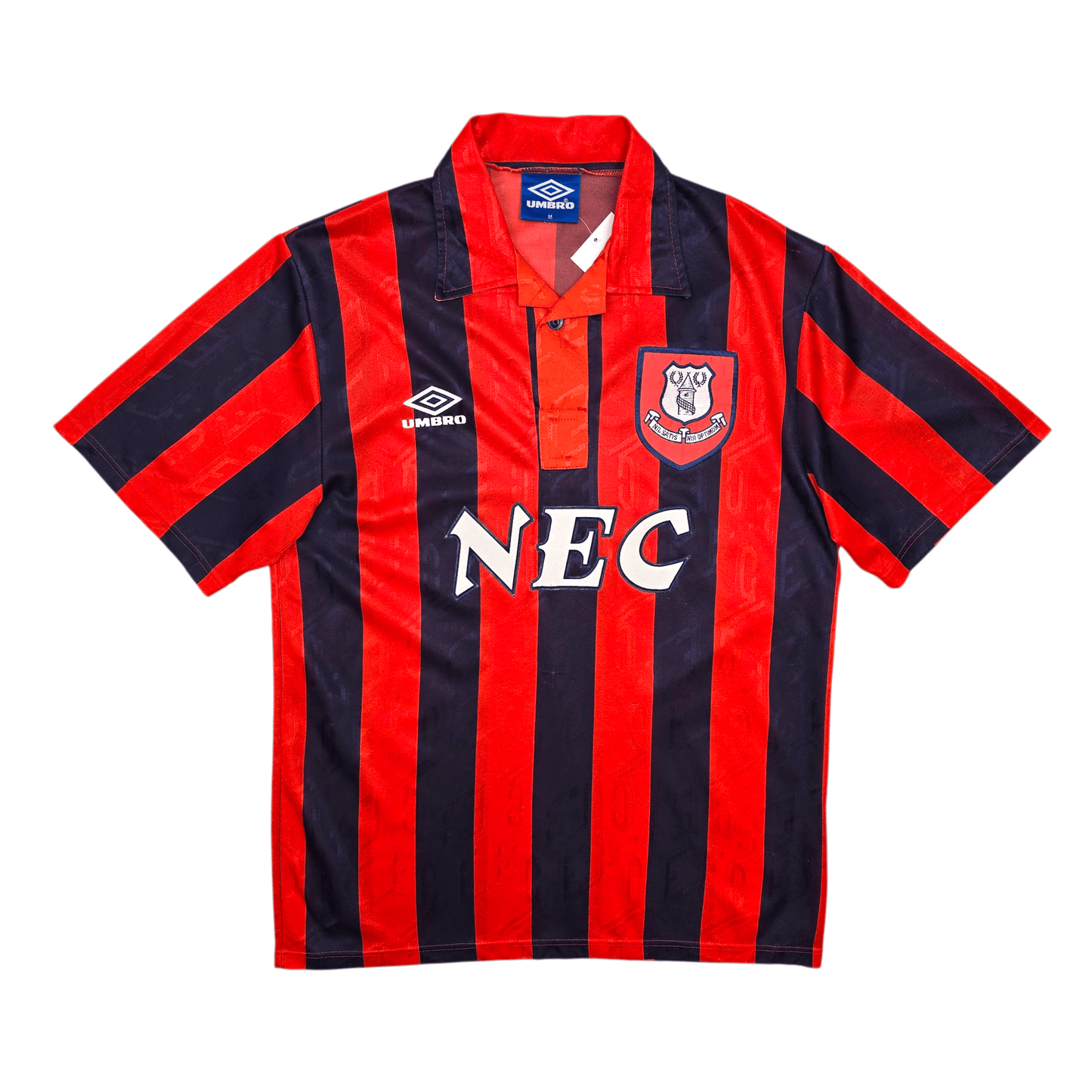 Red and navy striped sports jersey with 'NEC' branding on a white background