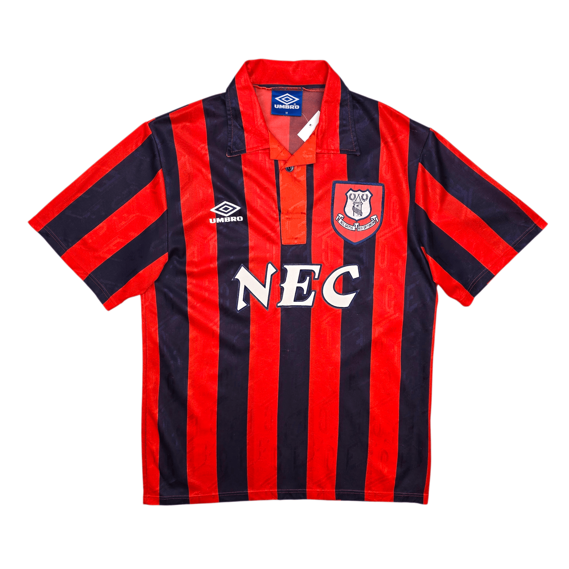 Red and navy striped sports jersey with 'NEC' branding on a white background
