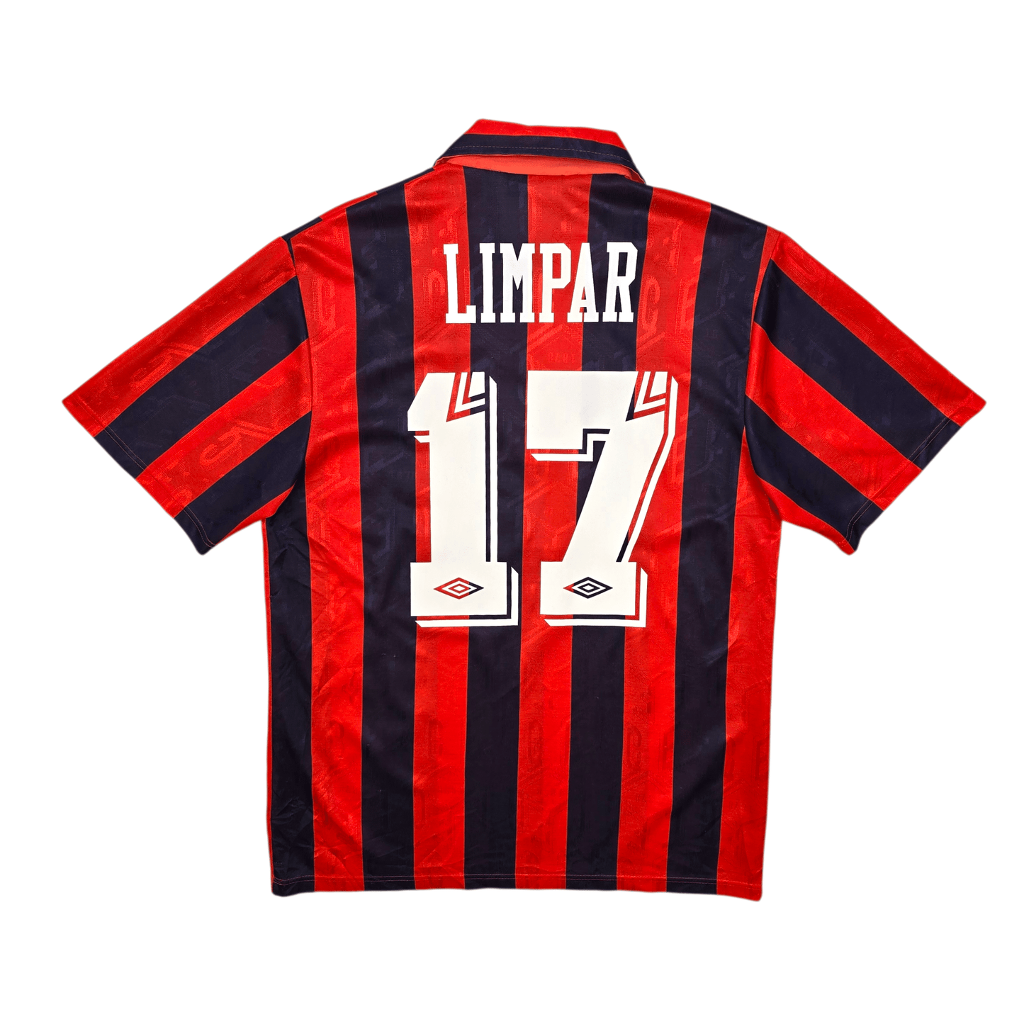 Red and black striped sports jersey with 'Limpar' and number '17' on a white background