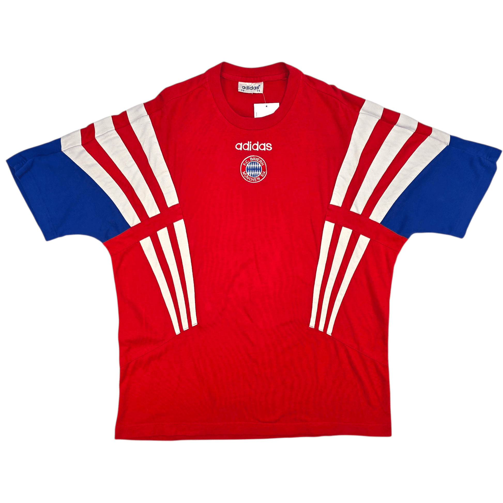 Red 1995/96 Bayern Munich Training jersey with blue sleeves and white stripes, featuring Adidas logo on a white background