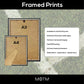 Framed prints with A3 and A4 size labels on a textured background, featuring product details.
