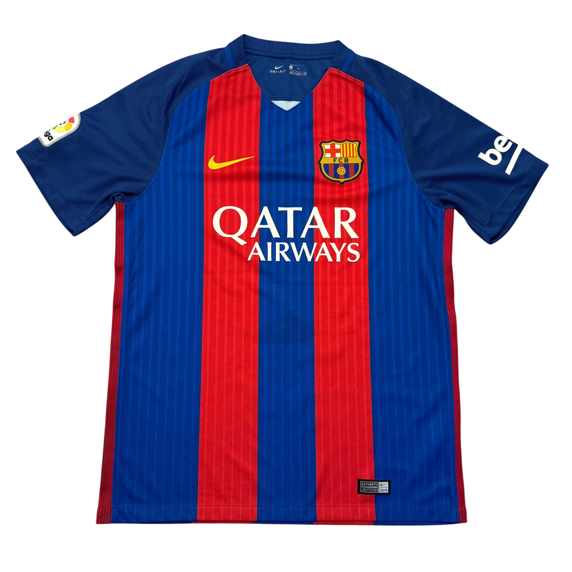 Blue and red Barcelona 2016-2017 Home jersey with Qatar Airways logo on a white background