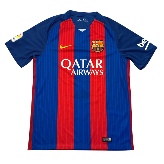Blue and red Barcelona 2016-2017 Home jersey with Qatar Airways logo on a white background