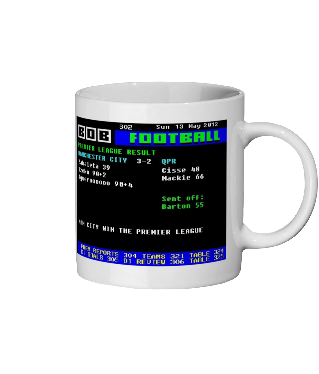 Man City 3 v 2 QPR 2012 Ceefax Style Mug - City Win The League - Aguerooo