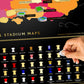 Map of stadiums with team logos and a hand pointing to a specific stadium.